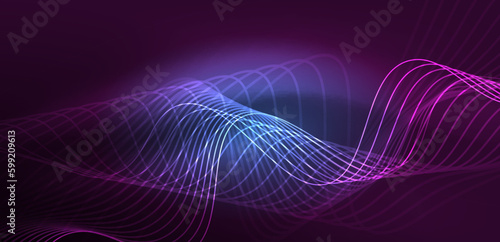 Shiny glowing neon wave. Neon light or laser show, electric impulse, power lines, techno quantum energy impulse, magic glowing dynamic lines