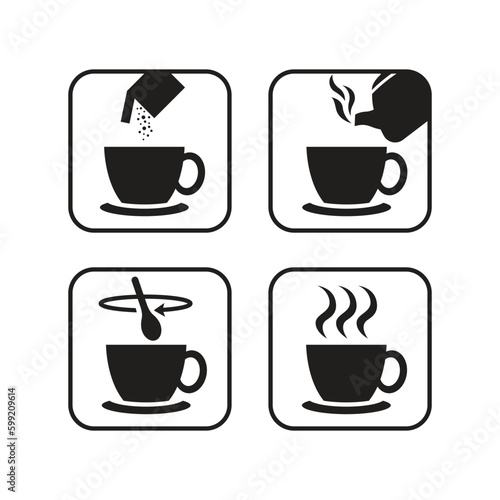 Step brewing instant powder for drink such as collagen, instant tea, cocoa, coffee, milk, outline design vector illustration.