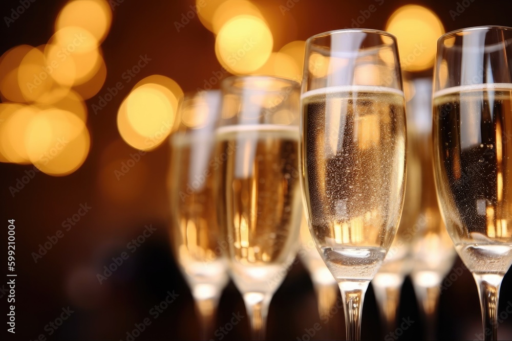 Luxurious glasses with golden champagne on a dark background. Generative ai. Luxurious glasses with golden champagne on a dark background. Generative ai.