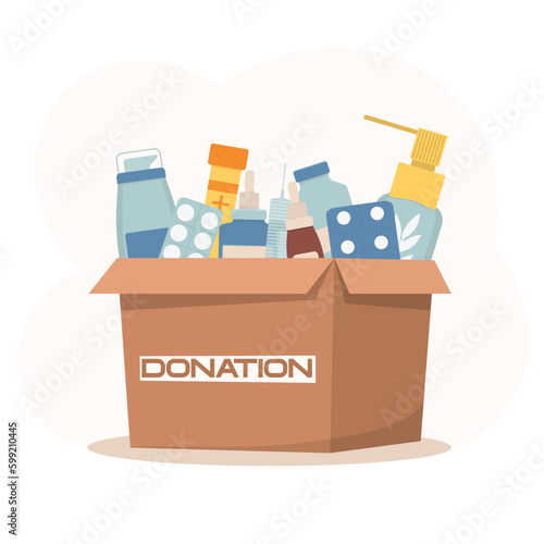 Medicines donation. Cardboard box full of different drugs and vitamins. Volunteering and social care concept. Support for poor people. International charity day. Vector illustration in cartoon style.