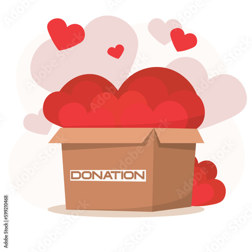 Donation box full of hearts. Package cardbox with love and help symbol. vector illustration