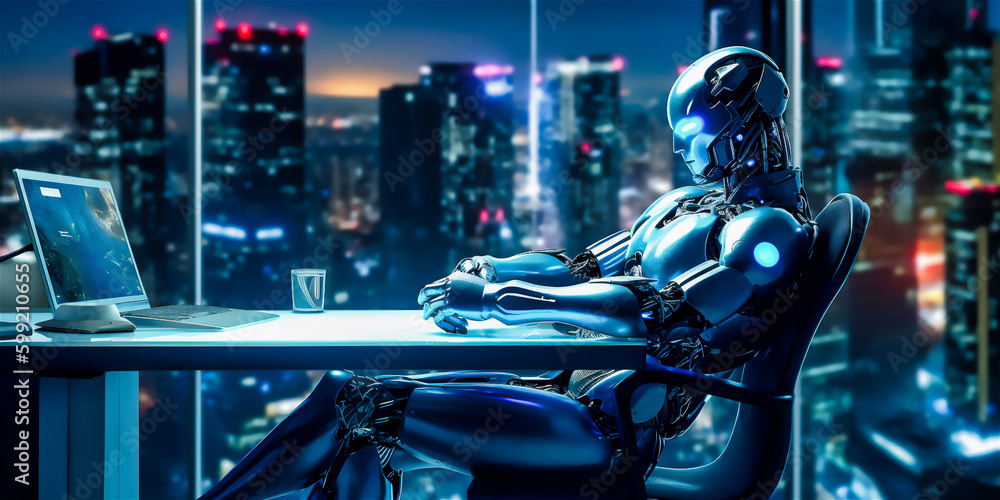 Professionaly photography of humanoids android cyborg, slick automotive design, sitting in the ofice table with computer on the table, crystal mountains office background, Generative AI Professionaly photography of humanoids android cyborg, slick automotive design, sitting in the ofice table with computer on the table, crystal mountains office background, Generative AI