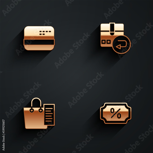 Set Credit card, Return cardboard box, Shopping list and Discount percent tag icon with long shadow. Vector