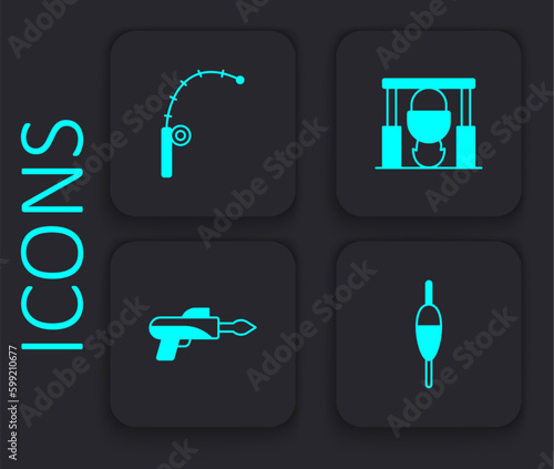 Set Fishing float, rod, Campfire and pot and harpoon icon. Black square button. Vector