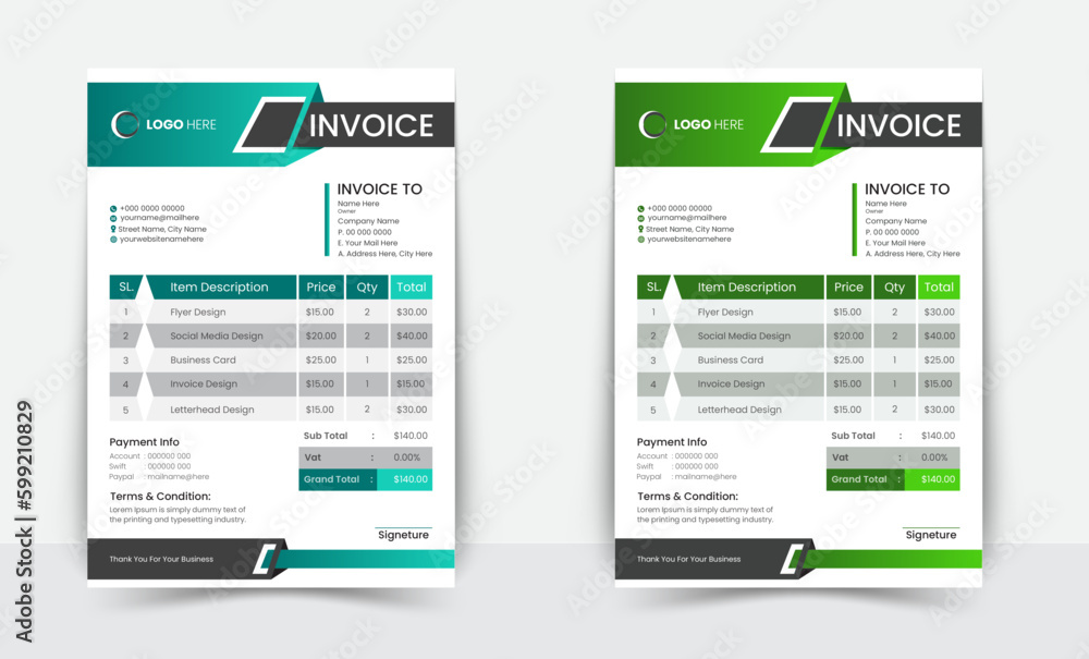 Minimal Corporate Business Invoice design template vector illustration bill form price invoice. Creative invoice template vector. business stationery design payment agreement design template