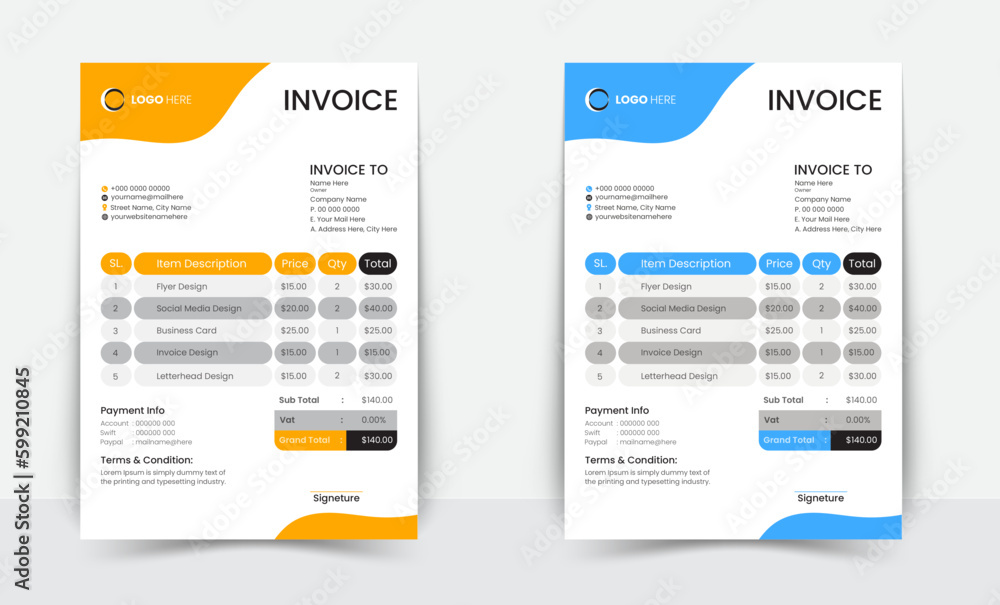 Minimal Corporate Business Invoice design template vector illustration bill form price invoice. Creative invoice template vector. business stationery design payment agreement design template