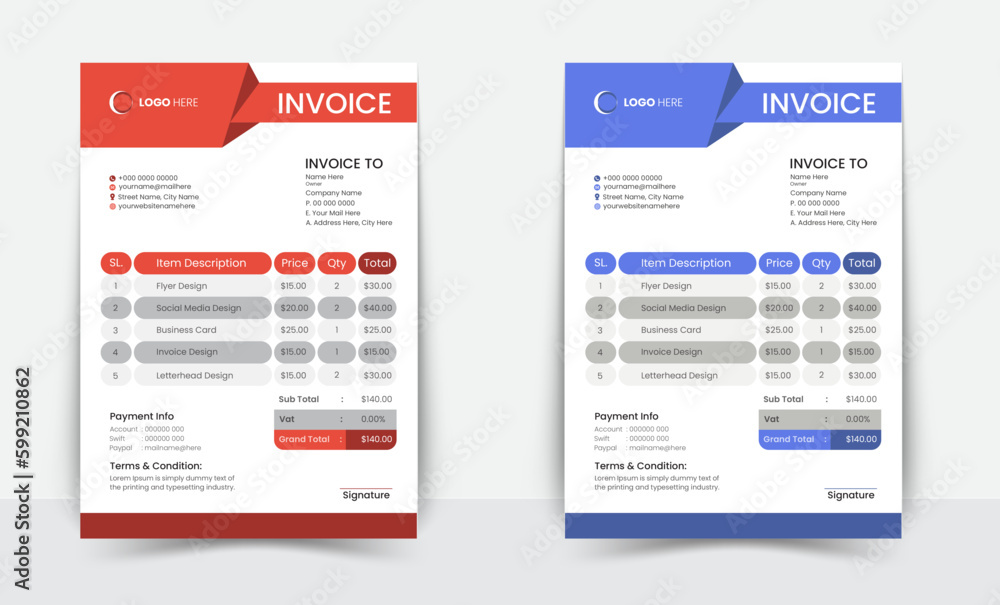 Minimal Corporate Business Invoice design template vector illustration bill form price invoice. Creative invoice template vector. business stationery design payment agreement design template