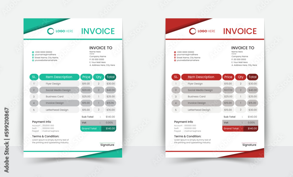 Minimal Corporate Business Invoice design template vector illustration bill form price invoice. Creative invoice template vector. business stationery design payment agreement design template