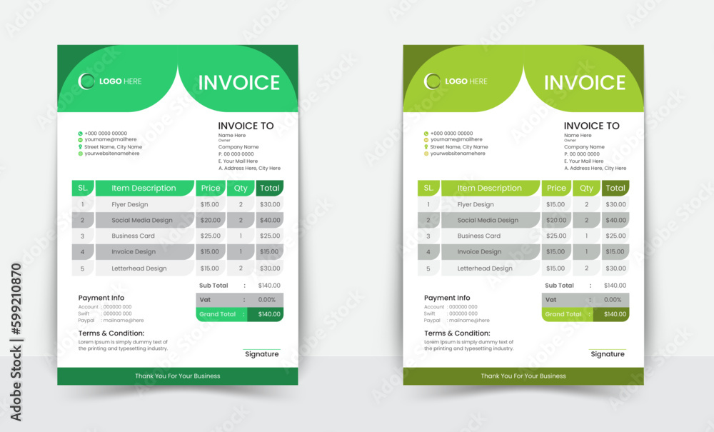 Minimal Corporate Business Invoice design template vector illustration bill form price invoice. Creative invoice template vector. business stationery design payment agreement design template