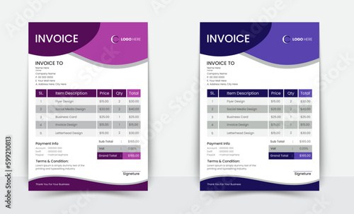 Minimal Corporate Business Invoice design template vector illustration bill form price invoice. Creative invoice template vector. business stationery design payment agreement design template