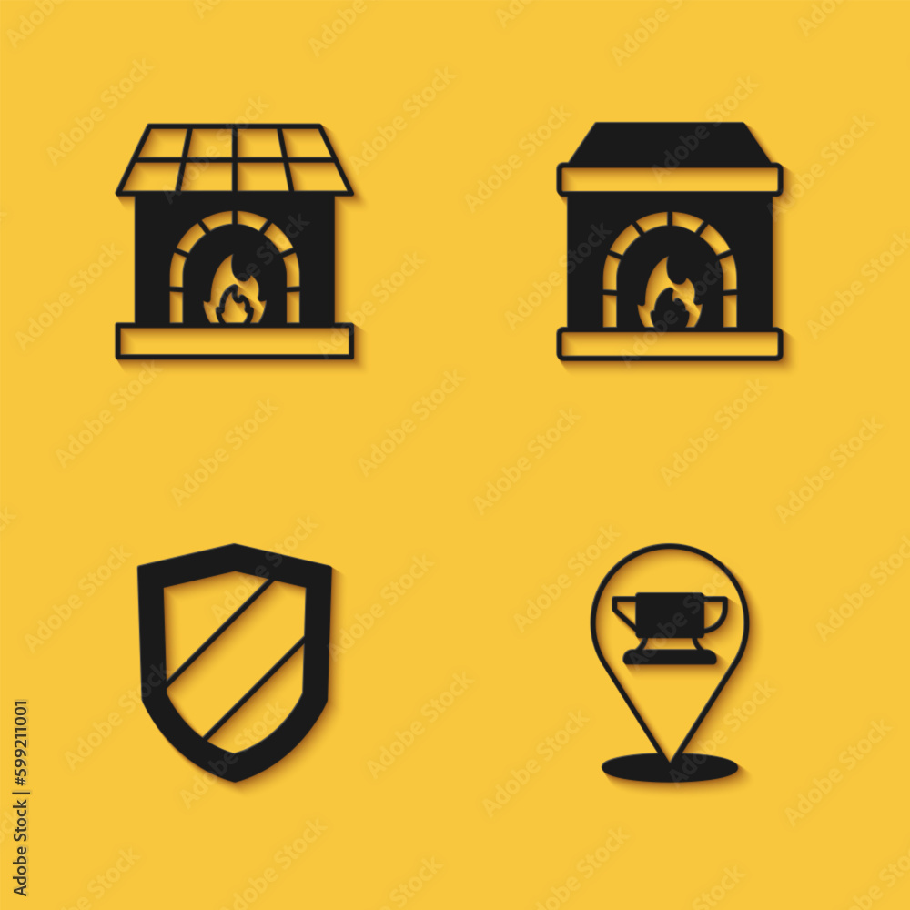 Set Blacksmith oven, anvil tool, Shield and icon with long shadow. Vector