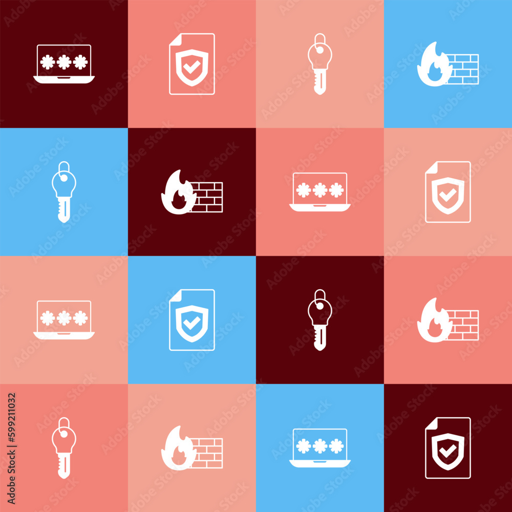 Set pop art Laptop with password, Contract shield, Key and Firewall, security wall icon. Vector Set pop art Laptop with password, Contract shield, Key and Firewall, security wall icon. Vector