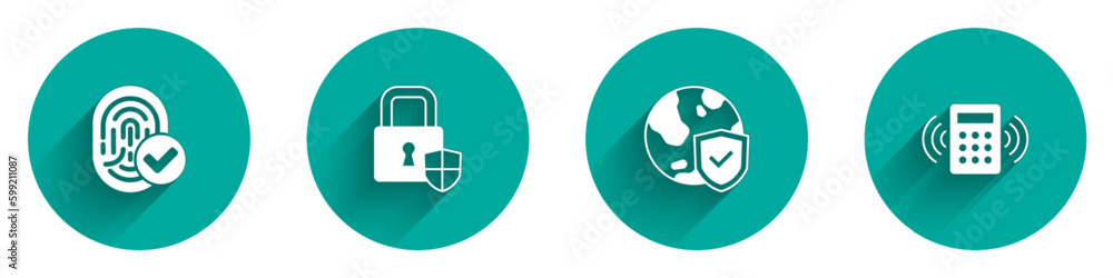Set Fingerprint, Shield security with lock, world globe and Security keypad access panel icon with long shadow. Vector Set Fingerprint, Shield security with lock, world globe and Security keypad access panel icon with long shadow. Vector