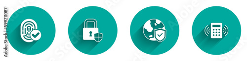 Set Fingerprint, Shield security with lock, world globe and Security keypad access panel icon with long shadow. Vector