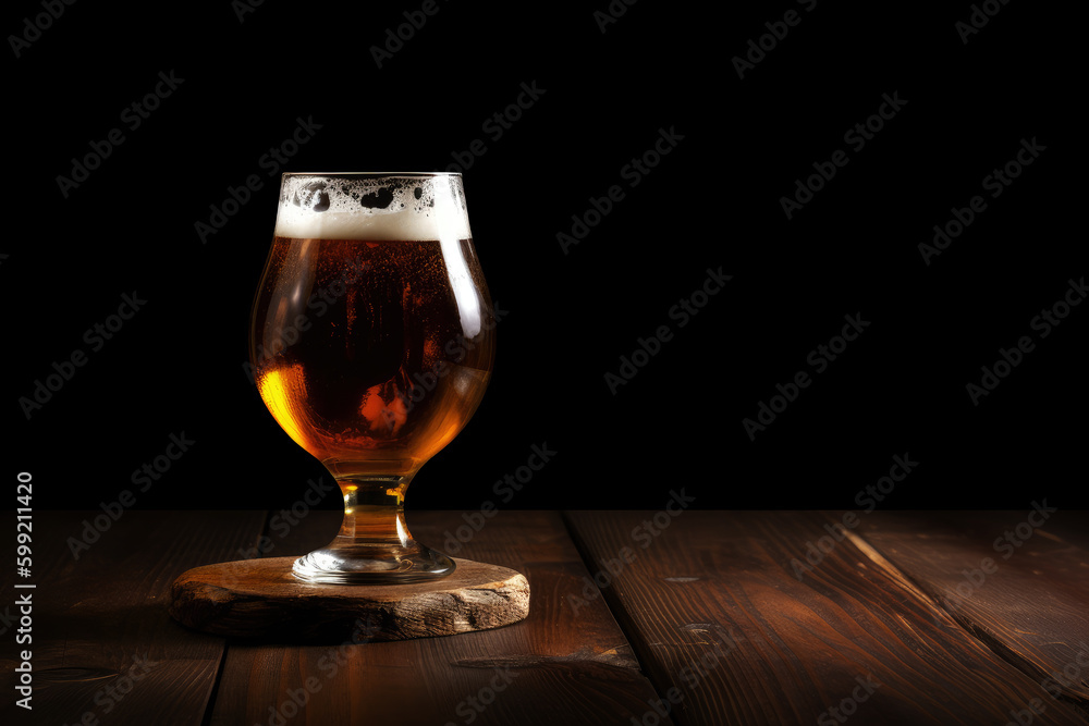 Beer glass on dark wooden table and black background with copy space. Stout, ale, porter, amber beer mug on wood. Generative AI. Beer glass on dark wooden table and black background with copy space. Stout, ale, porter, amber beer mug on wood. Generative AI.