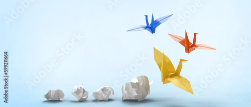 success and Transform ideas and creativity in business ideas through folding paper birds in blue background. copy space, banner, website, poste - 3d rendering