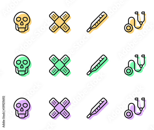 Set line Medical thermometer, Skull, Crossed bandage plaster and Stethoscope icon. Vector