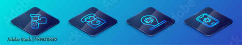 Set Isometric line Location hospital, Test tube with blood, Emergency call 911 and icon. Vector