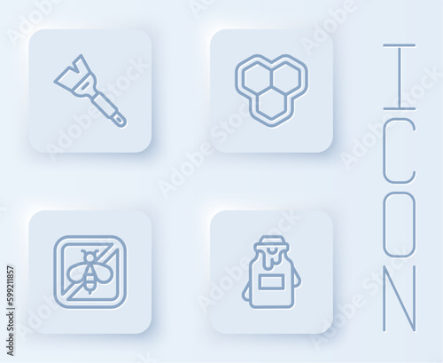 Set line Beekeeping brush, Honeycomb, Stop bee and Jar of honey. White square button. Vector