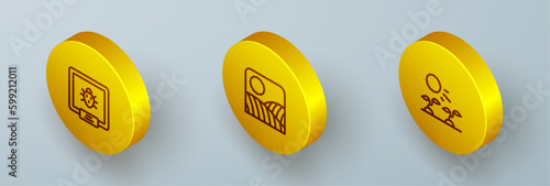 Set Isometric line Colorado beetle, Agriculture wheat field farm and Plant sprouts grow in the sun icon. Vector