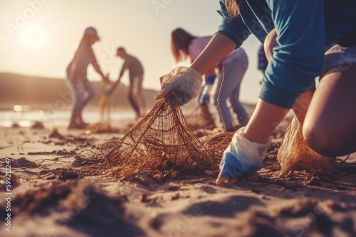 Fotografie, Tablou Group of young eco volunteers picking up plastic trash on the beach