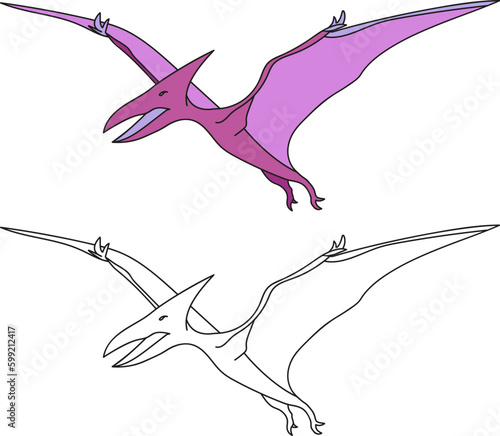 vector children's illustration reptile dinosaur, coloring book page  coloring and black and white version of a purple dinosaur pterodactyl