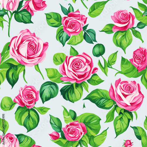 Seamless watercolor floral pattern - pink roses, green leaves branches; for fabrics, textile, wrappers, wallpapers, postcards, greeting cards, wedding invites, romantic events.