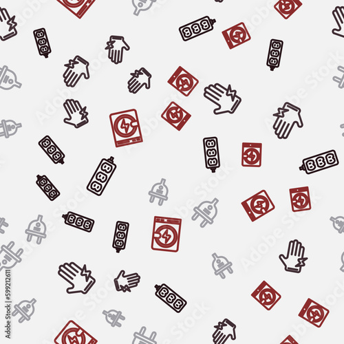 Set line Electric extension, glove, plug and Washer on seamless pattern. Vector