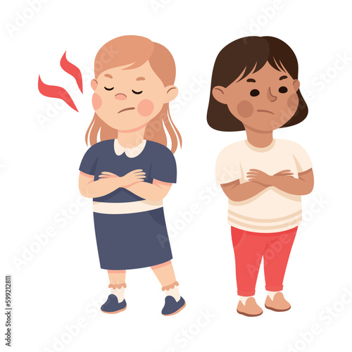 Hoodlum boy taking donut from girl. Girl being bullied by her classmate cartoon vector illustration