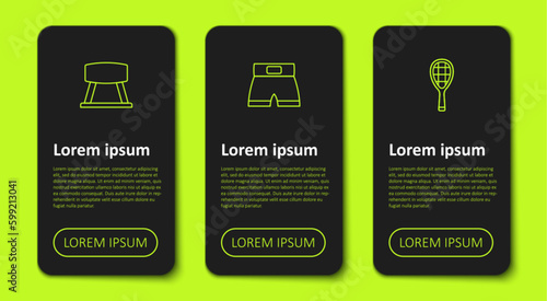 Set line Pommel horse, Boxing short and Tennis racket. Business infographic template. Vector