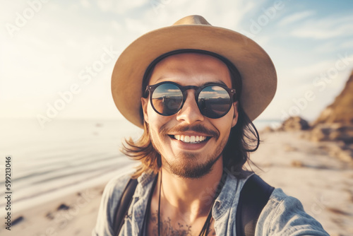Handsome young man with sunglasses and hat taking selfie photo on summer vacation day - Generative AI.