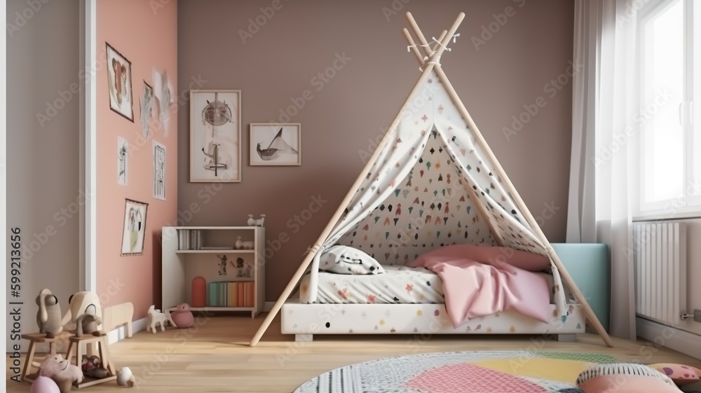 Obraz premium cozy, modern children's room with beautiful colors and a tent bed