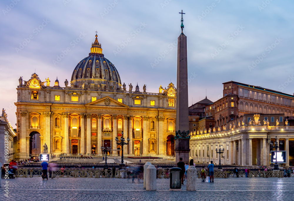 St. Peter's square in Vatican at night, center of Rome, Italy