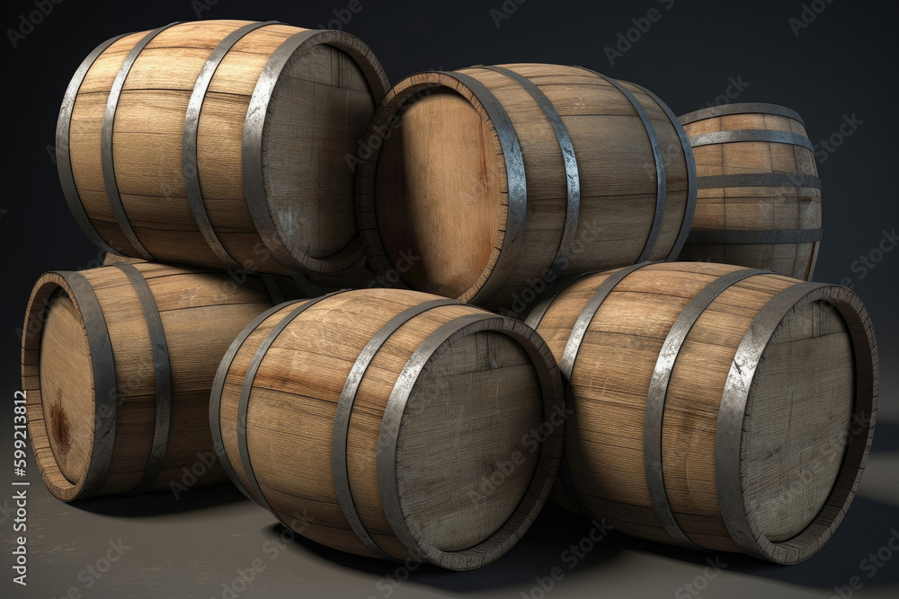 A pile of barrels for rum on a black background. Generative ai.