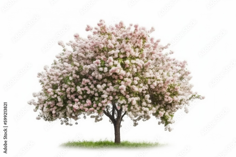 Tree with white flowers isolated on background. Generative ai.