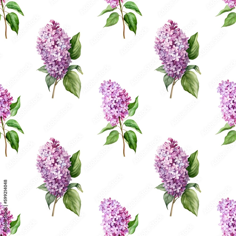 Fototapeta Seamless pattern with many branches of lilac on white background in watercolor style. Generative AI.