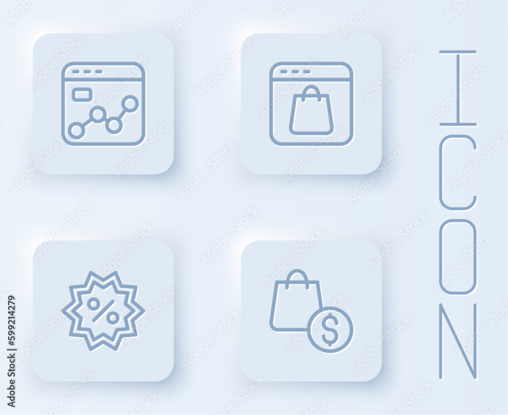 Set line Market analysis, Online shopping on screen, Discount percent tag and bag and dollar. White square button. Vector Set line Market analysis, Online shopping on screen, Discount percent tag and bag and dollar. White square button. Vector