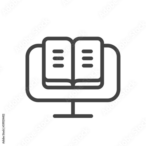Outline style ui icons online education and training course collection. Vector black linear illustration. Open book on computer display symbol isolated on white background. Design for college, library