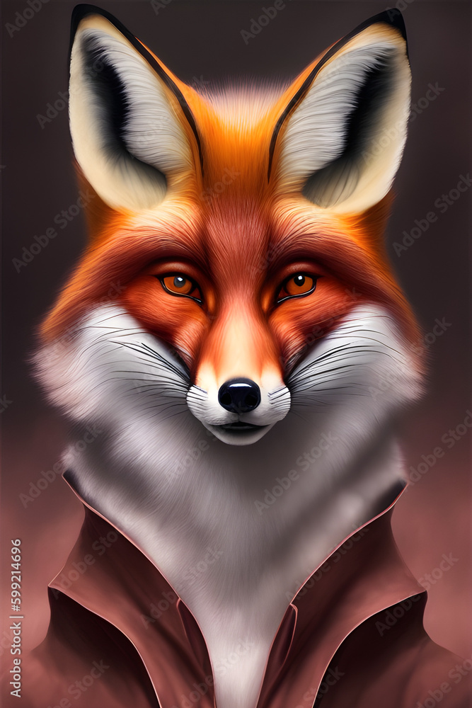 Obraz premium Portrait of a red fox in clothes on a dark background. The head of a beautiful forest animal. Smart look of a dodgy fox, a skillful predator and an elegant animal, generative AI