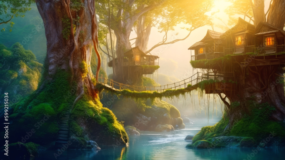Fantasy wooden houses by the river in forest during sunrise. Soft sunlight in morning mist. Generative AI Fantasy wooden houses by the river in forest during sunrise. Soft sunlight in morning mist. Generative AI