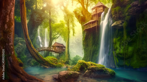 Fantasy wooden houses by the waterfall in forest during sunrise. Soft sunlight in morning mist. Generative AI