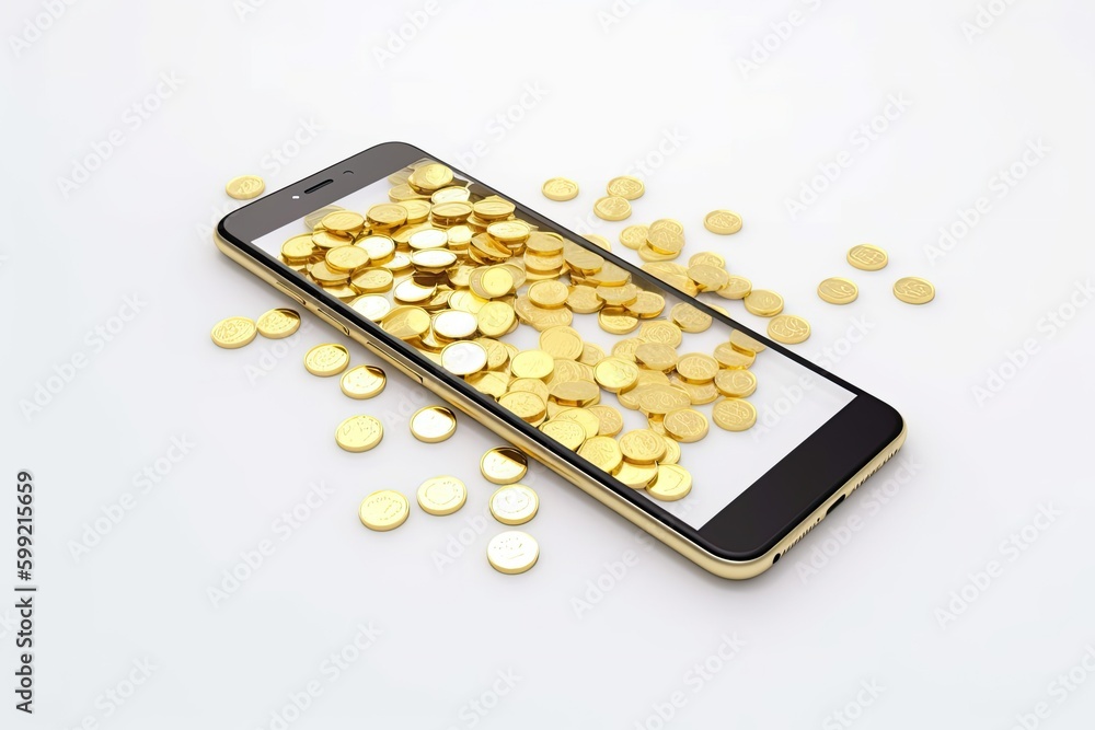 Transferring money using a smartphone, with gold coins on the screen. Generative ai. Transferring money using a smartphone, with gold coins on the screen. Generative ai.