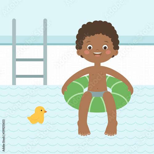 Summer fun. Happy little black boy swimming on an inflatable lap in the pool. Happy child having fun in the pool. Summer sports for children. Family pool entertainment. Vector illustration