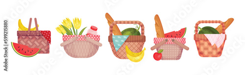 Wicker Picnic Basket or Hamper Full with Foodstuff Vector Set