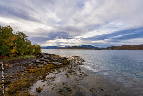View towards Senja island from the town of Finnsnes, Troms og Finnmark, Northern Norway