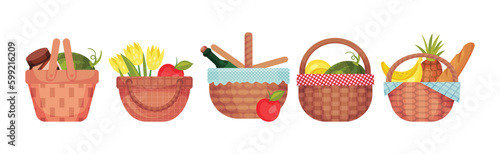 Wicker Picnic Basket or Hamper Full with Foodstuff Vector Set