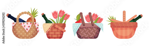 Wicker Picnic Basket or Hamper Full with Foodstuff Vector Set