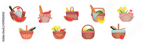 Wicker Picnic Basket or Hamper Full with Foodstuff Vector Set