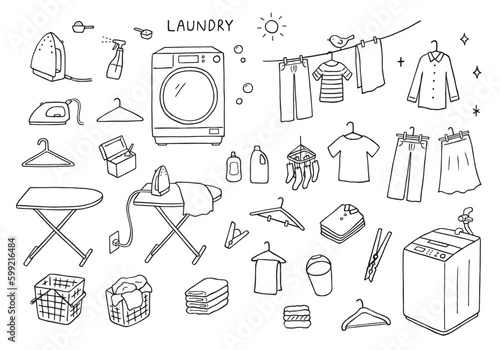 Fototapete 洗濯にまつわる手描きイラストセット（モノクロ）