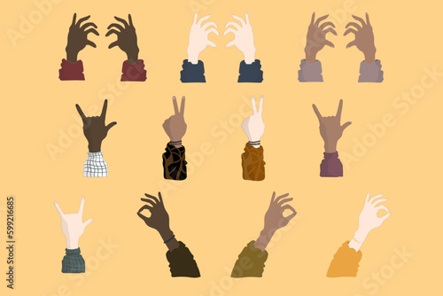 Set of hands showings signs with fingers, people of different nationalities, hands on a yellow background.For messengers, communication, cartoons.